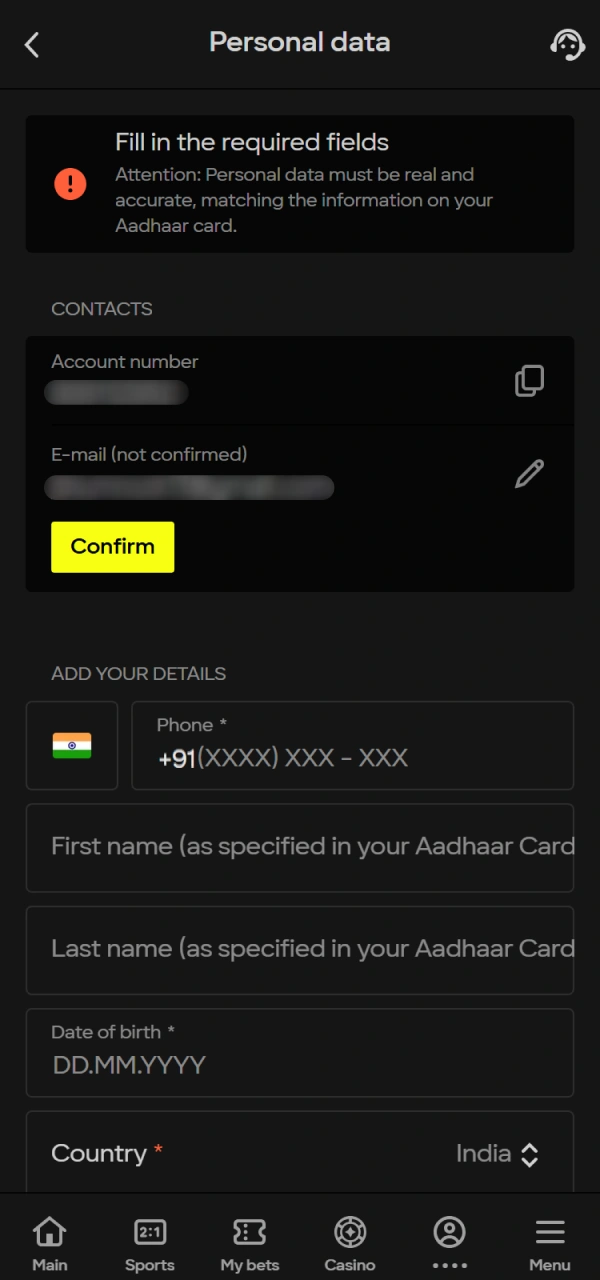 Confirm your details for secure Parimatch Aviatrix payouts in India.